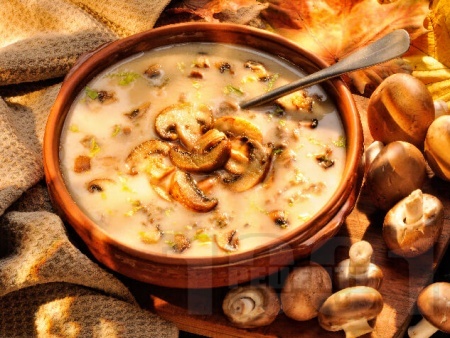 Вкусна чорба / супа от гъби печурки със сметана и фиде или ориз - снимка на рецептата